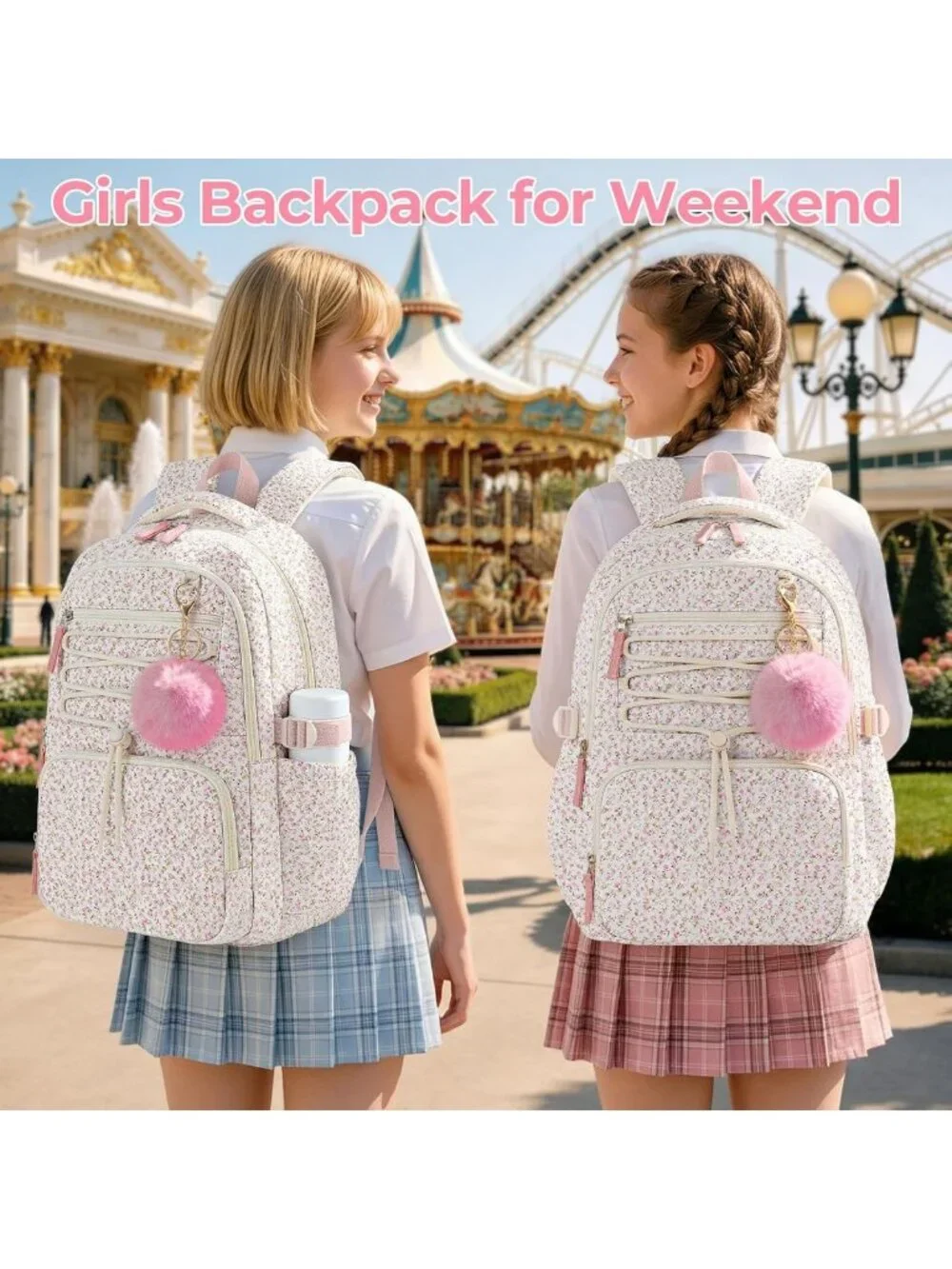 Cute Quilted Backpack for Girls, Lightweight Multi-Pocket Bookbag for School